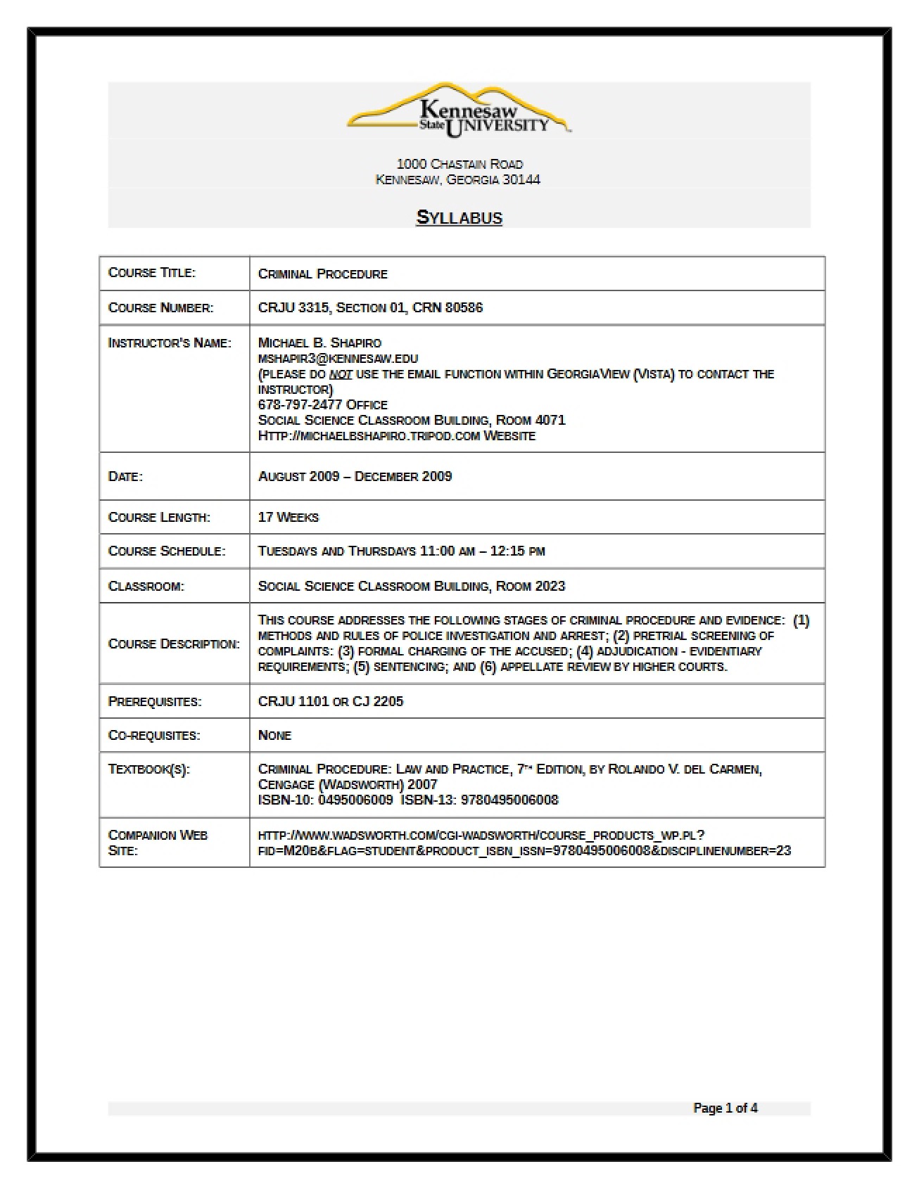 Syllabus for a Course on Criminal Procedure