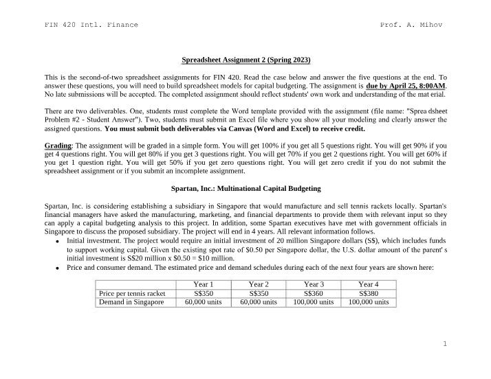 Multinational Capital Budgeting for Spartan Inc
