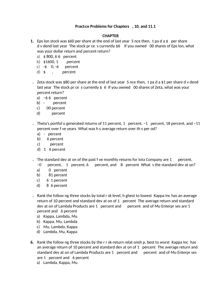 Portfolio and Stock Returns - Practice Problems for Chapters 9-11