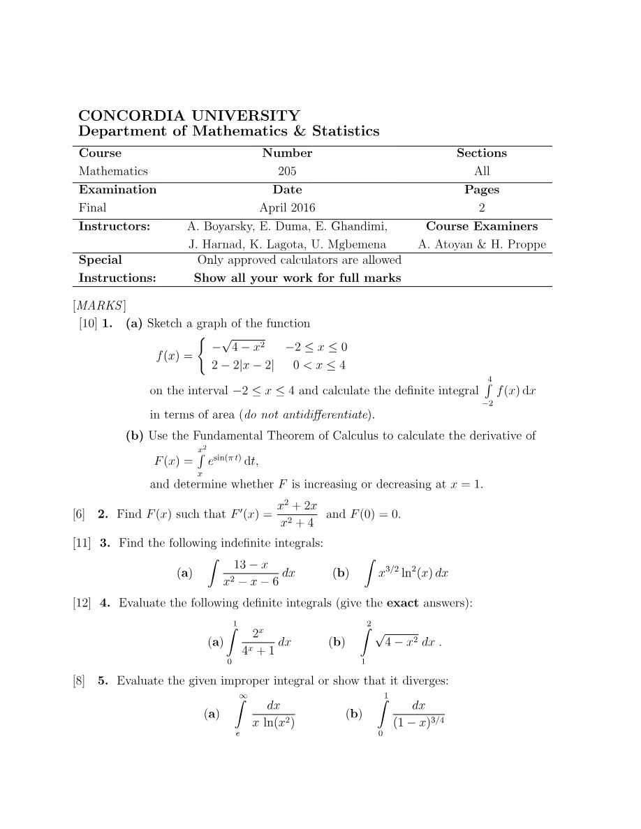 April 2016 MATH 205 Final Examination