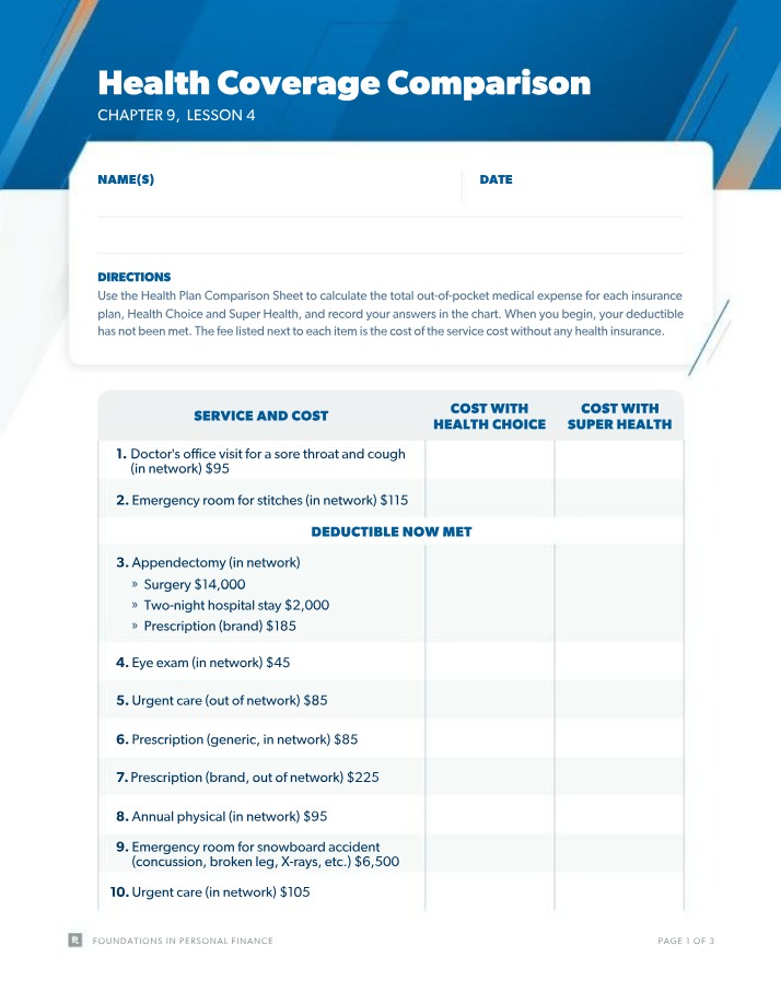 Worksheet for Health Coverage Comparison