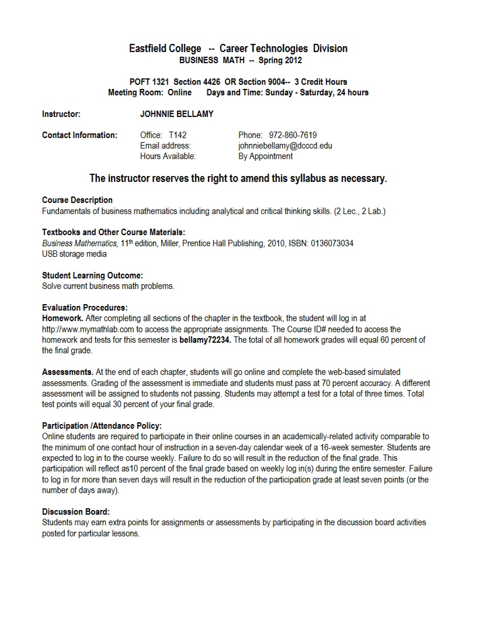 Business Math Course Syllabus - POFT 1321