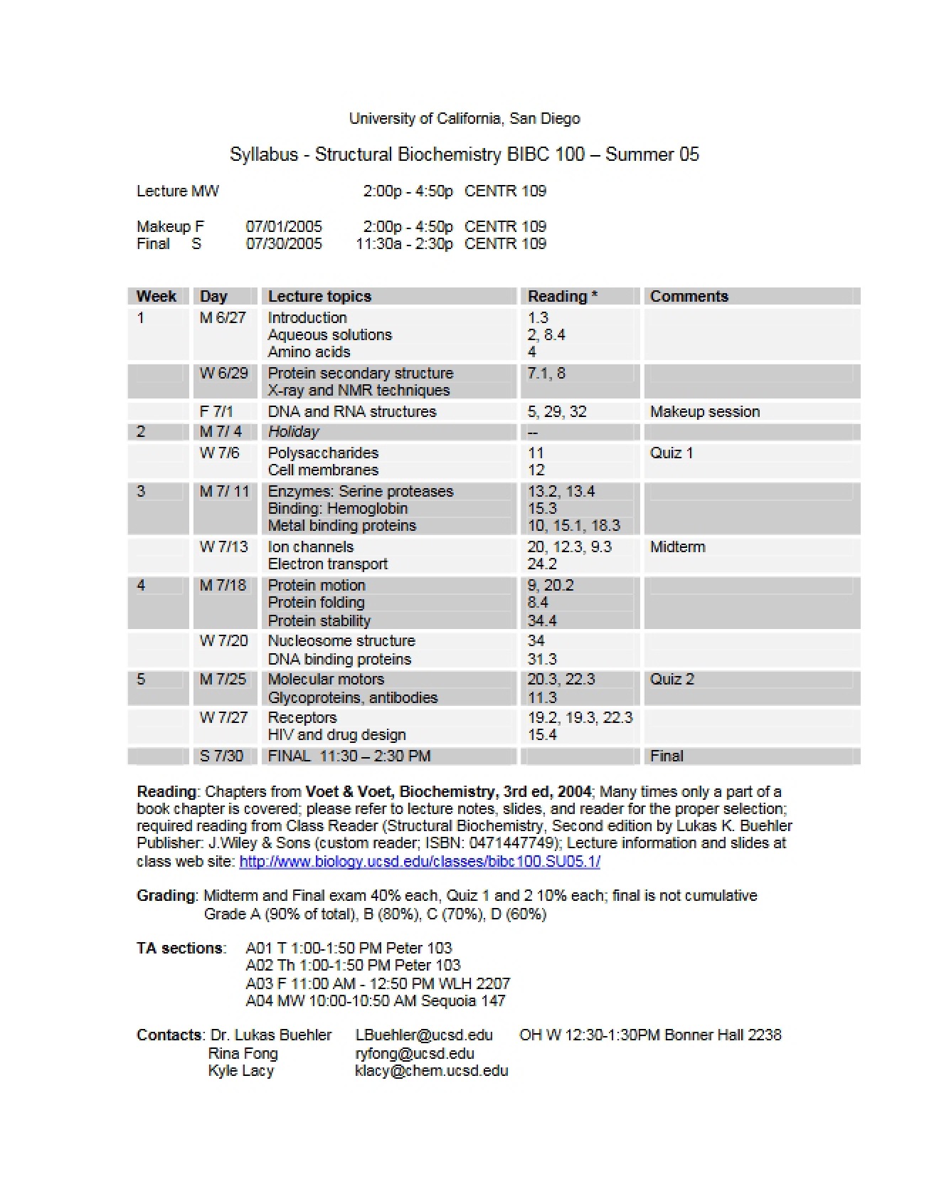 Syllabus for Structural Biochemistry