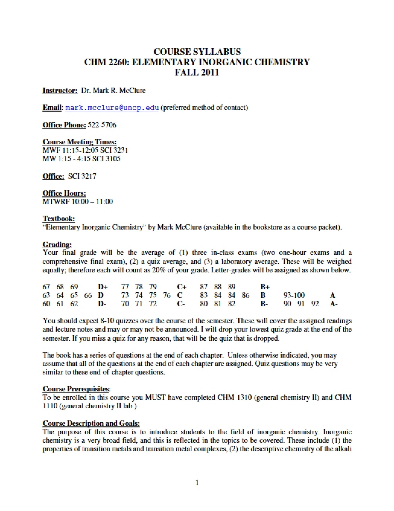 Syllabus Elementary Inorganic Chemistry