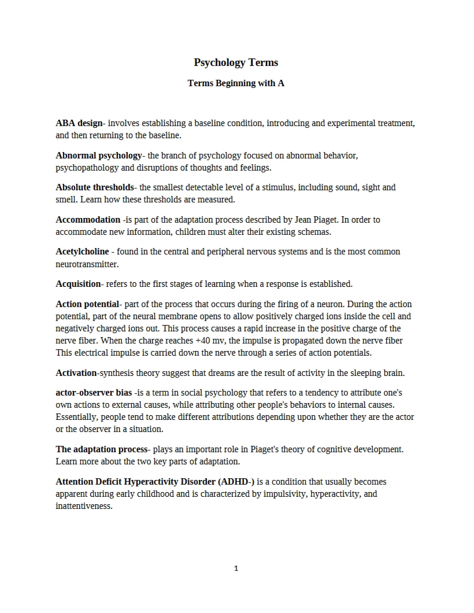Terminology for Psychology