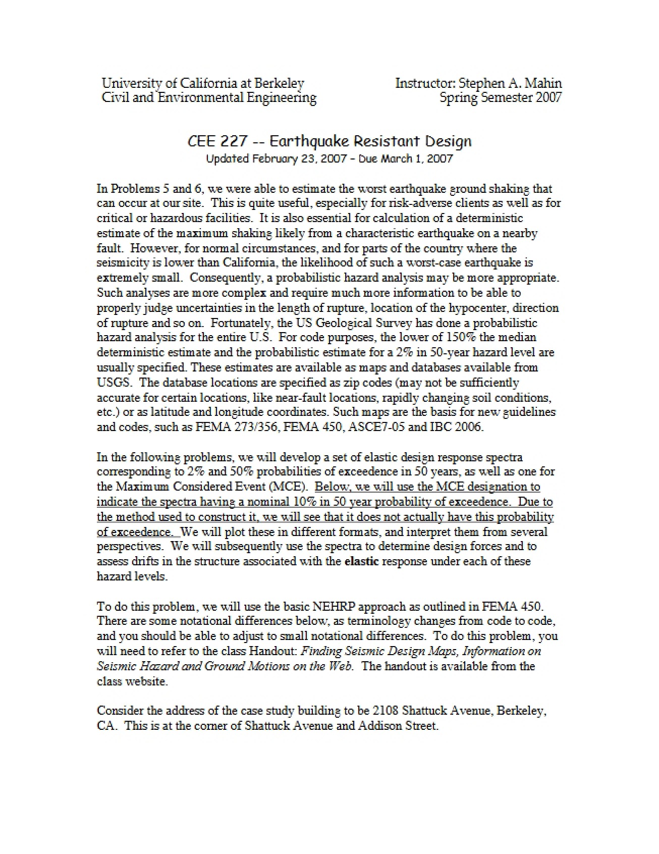 Problems Five and Six Seismic Design