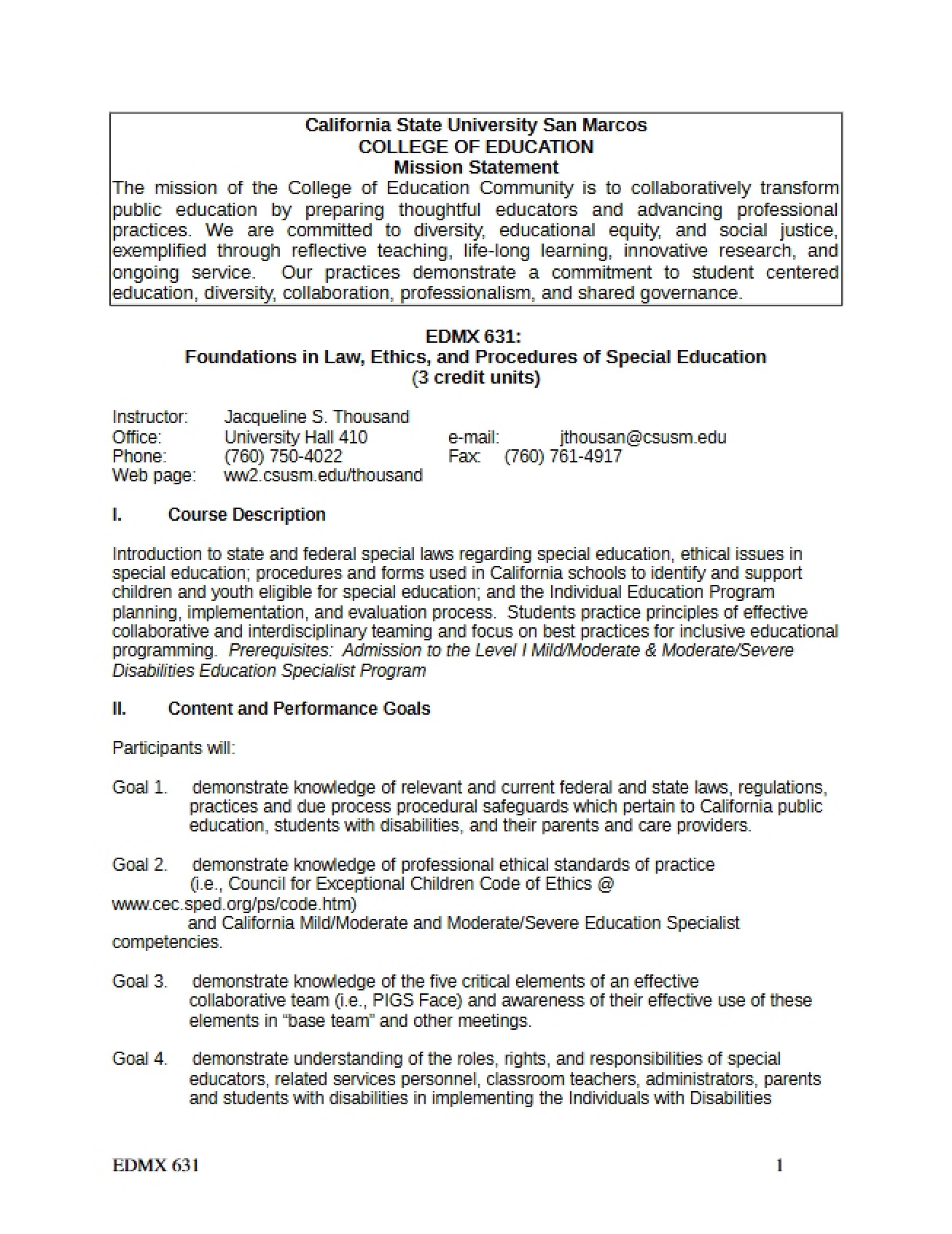 Special Education Law and Procedures Syllabus V1