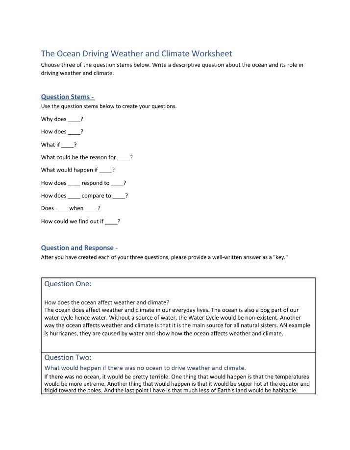 Worksheet on the Ocean's Impact on Weather and Climate