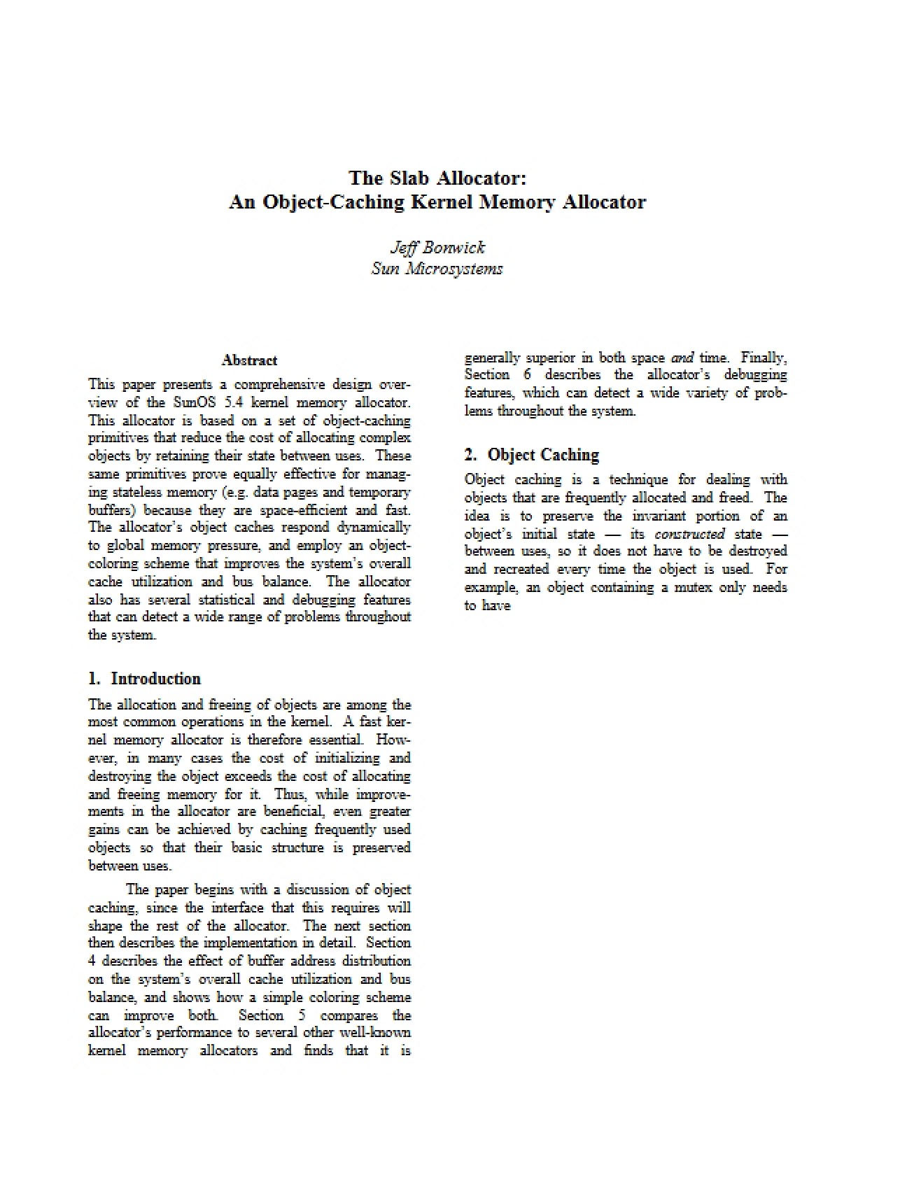 Slab Allocator for Kernel Memory