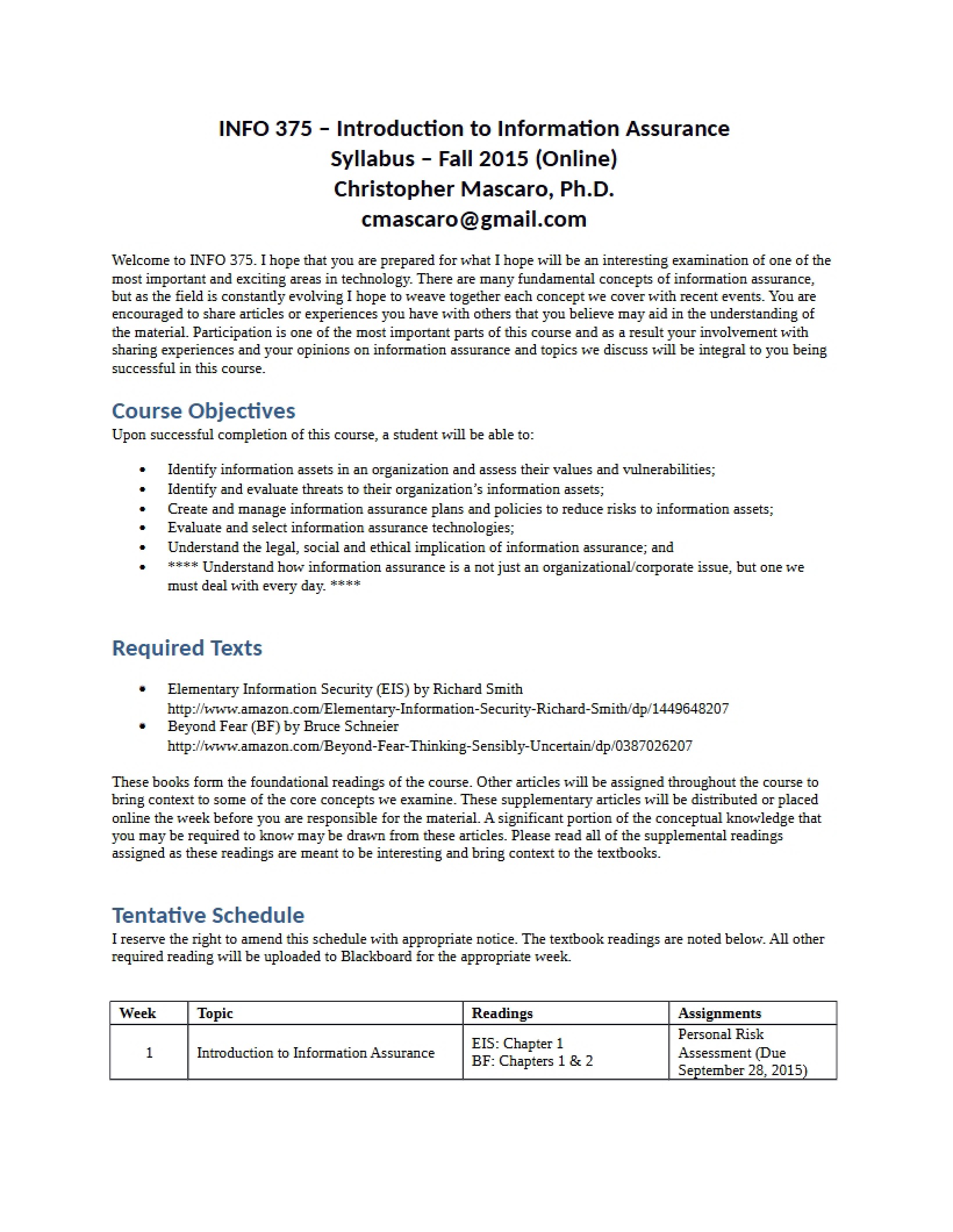 Information Systems Assurance Syllabus