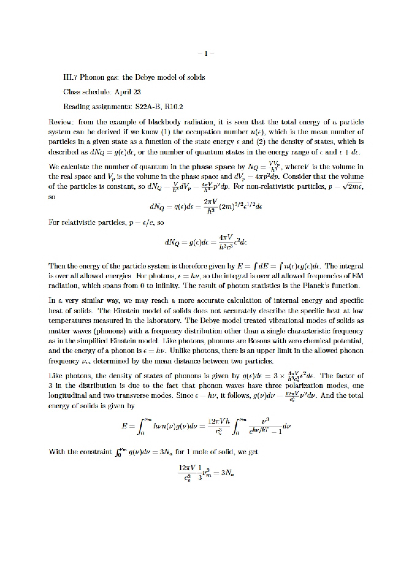 Debye Model of Solids Phonon Gas (III.7)
