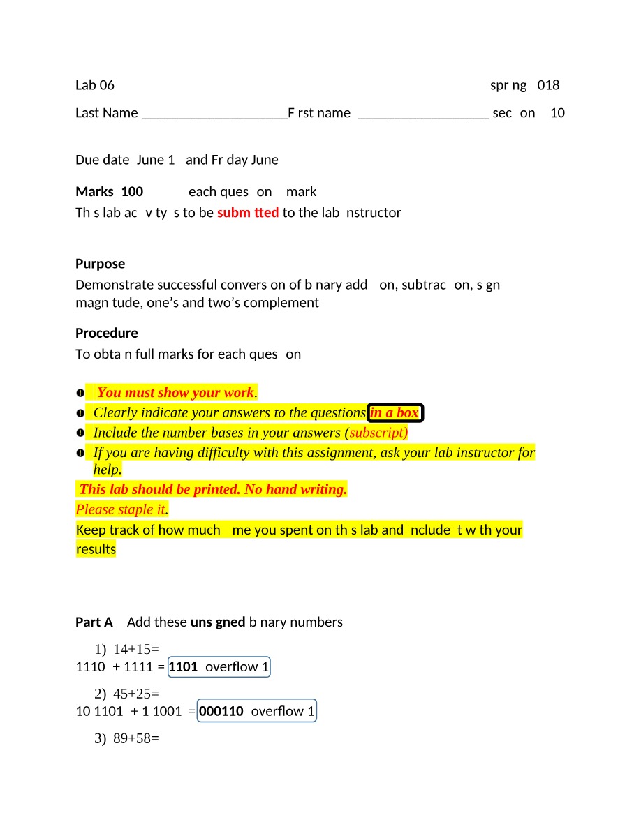 Binary Arithmetic - Lab 06