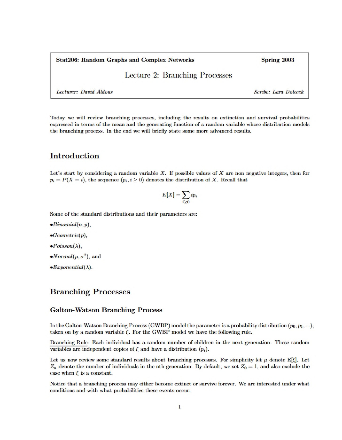 Branching Processes Lecture 2