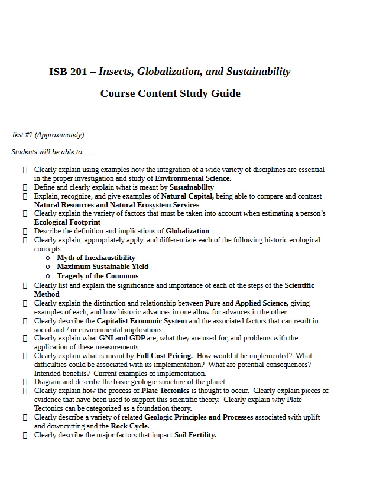 Study Guide for Course (ISB 201)