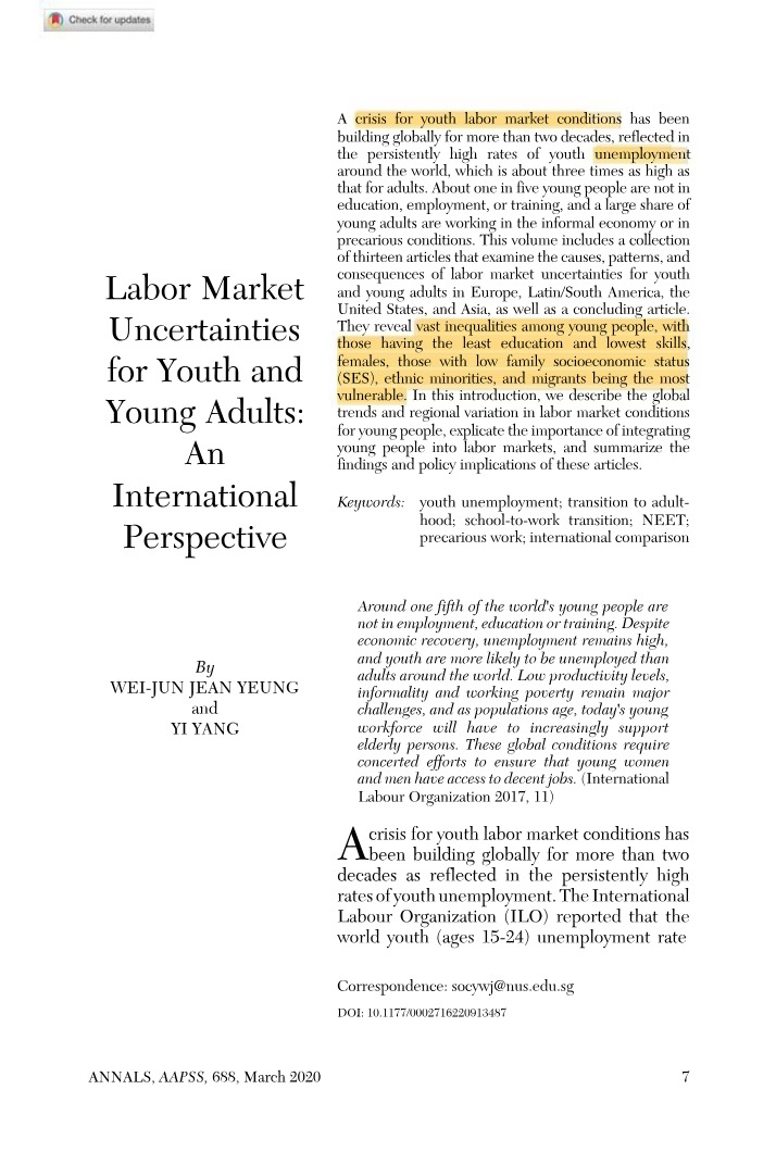 Labor Market Uncertainties for Youth - An International Perspective