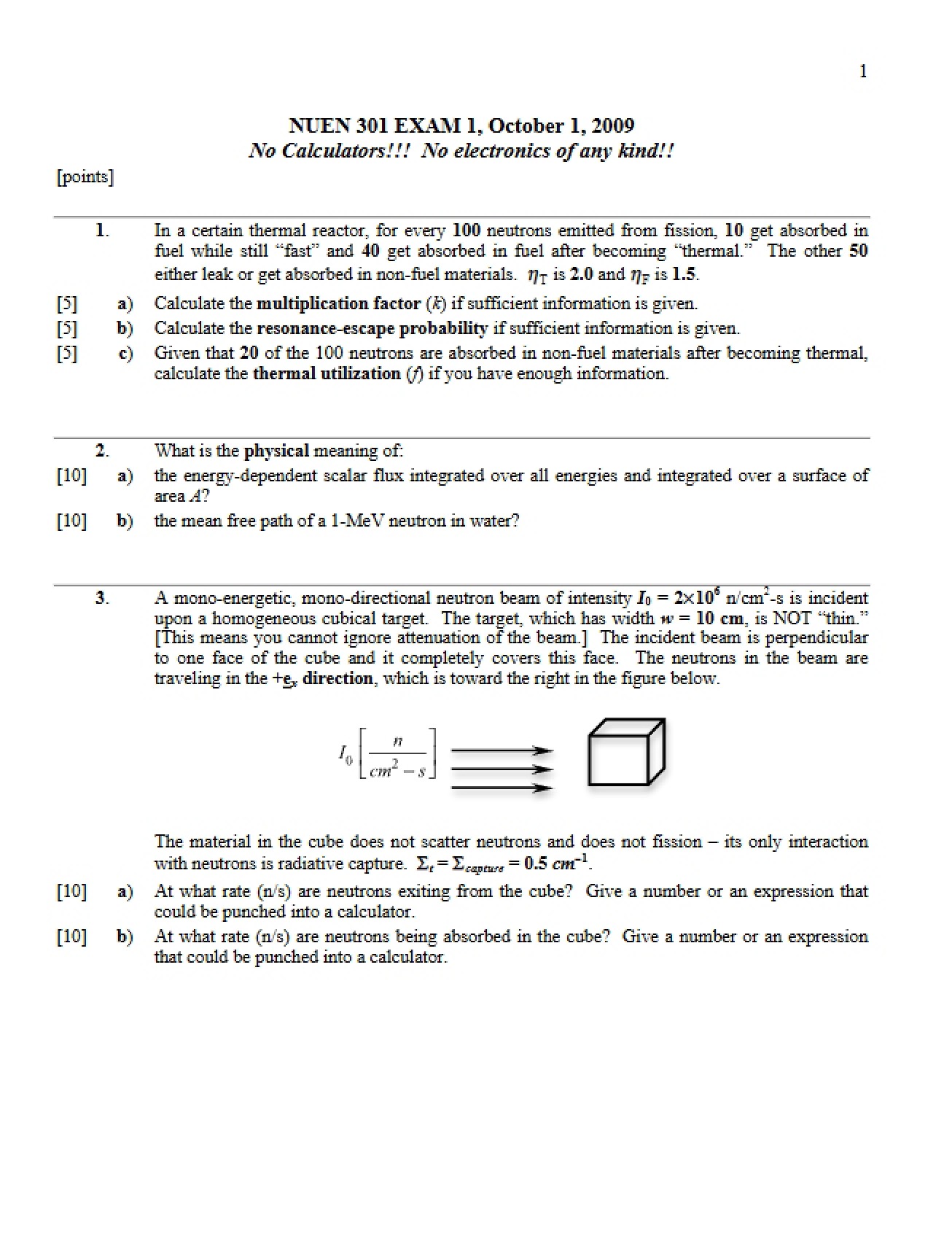 NUEN 301 Exam 1 (October 1, 2009)