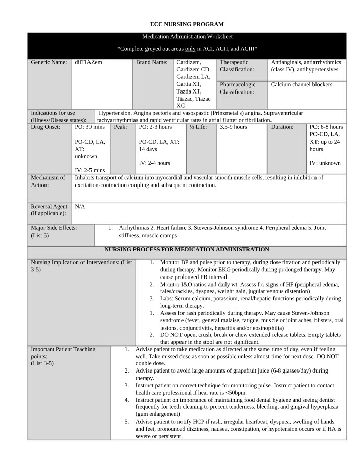 Worksheet for Cardizem Medication Administration