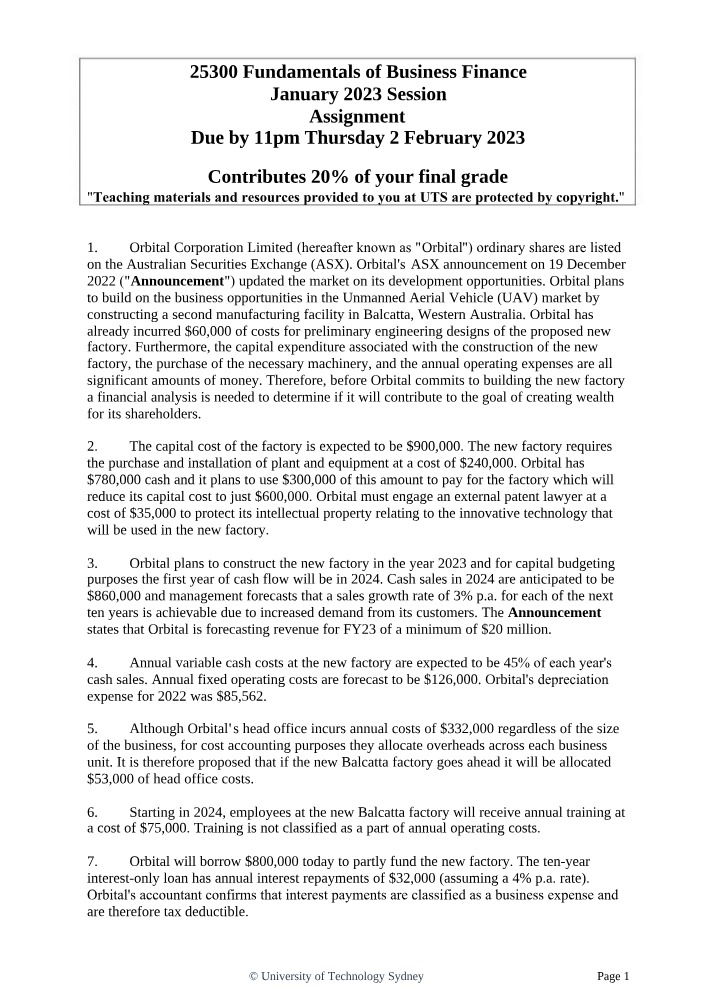 Fundamentals of Business Finance Assignment - Jan 2023