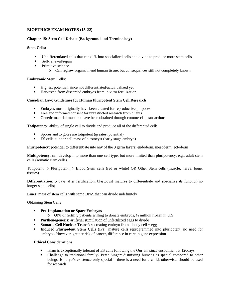 Notes for Bioethics Exam