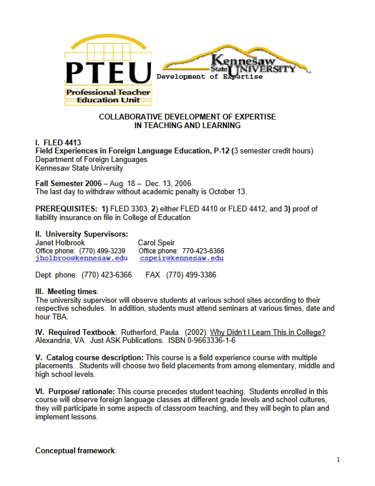 Field Experience P-12 Syllabus Documentation