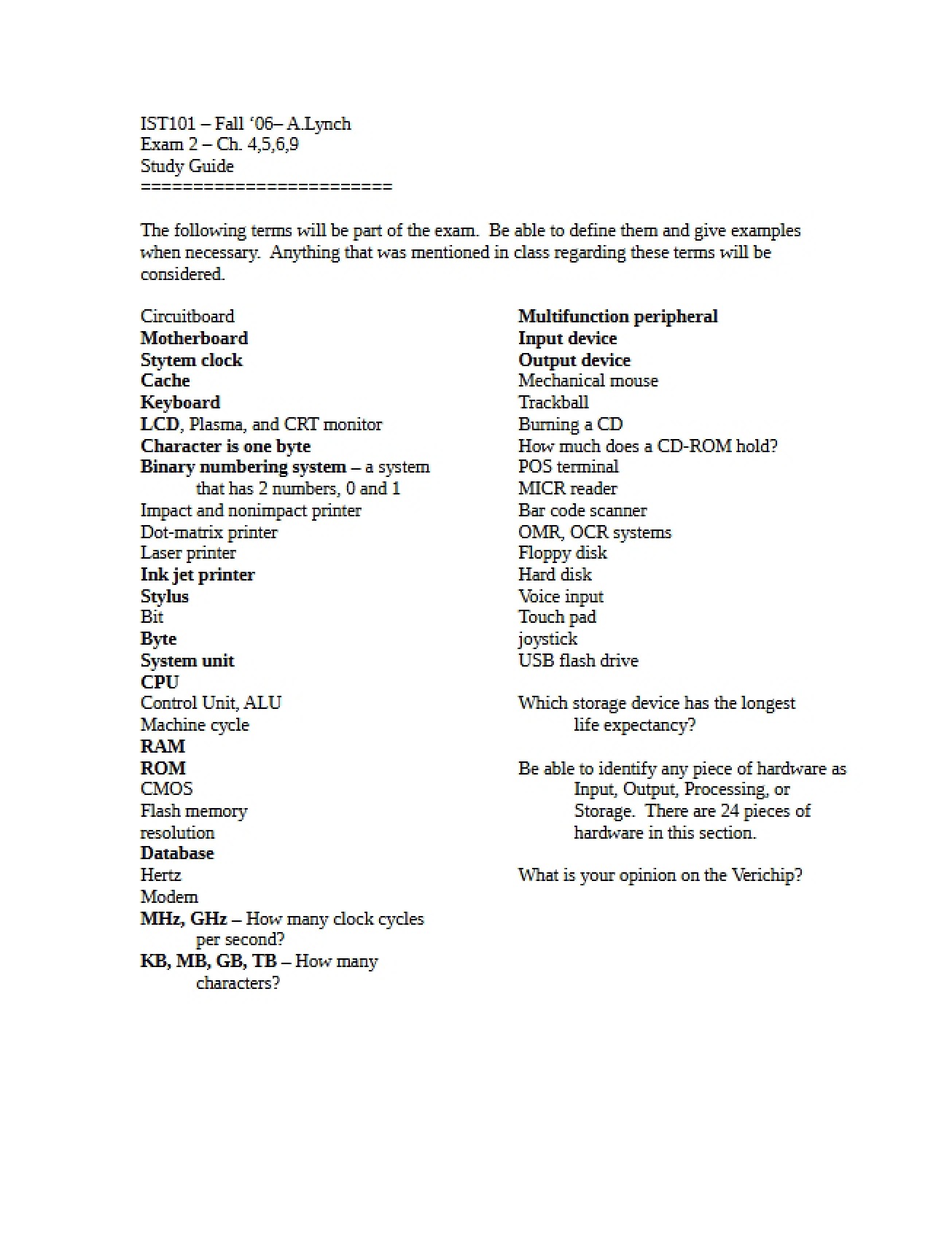 Study Guide for Exam Two (IST 101)