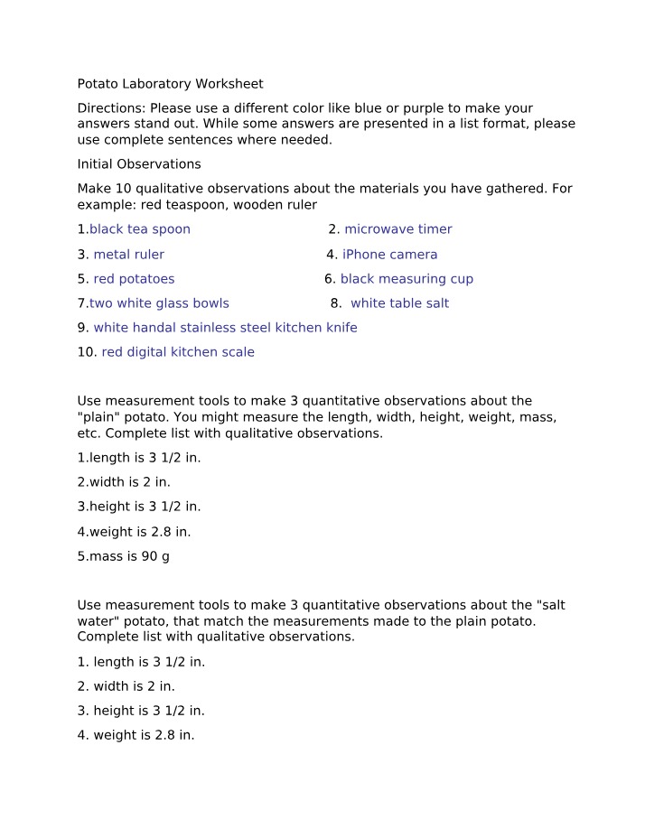 Worksheet for Potato Laboratory Experiment