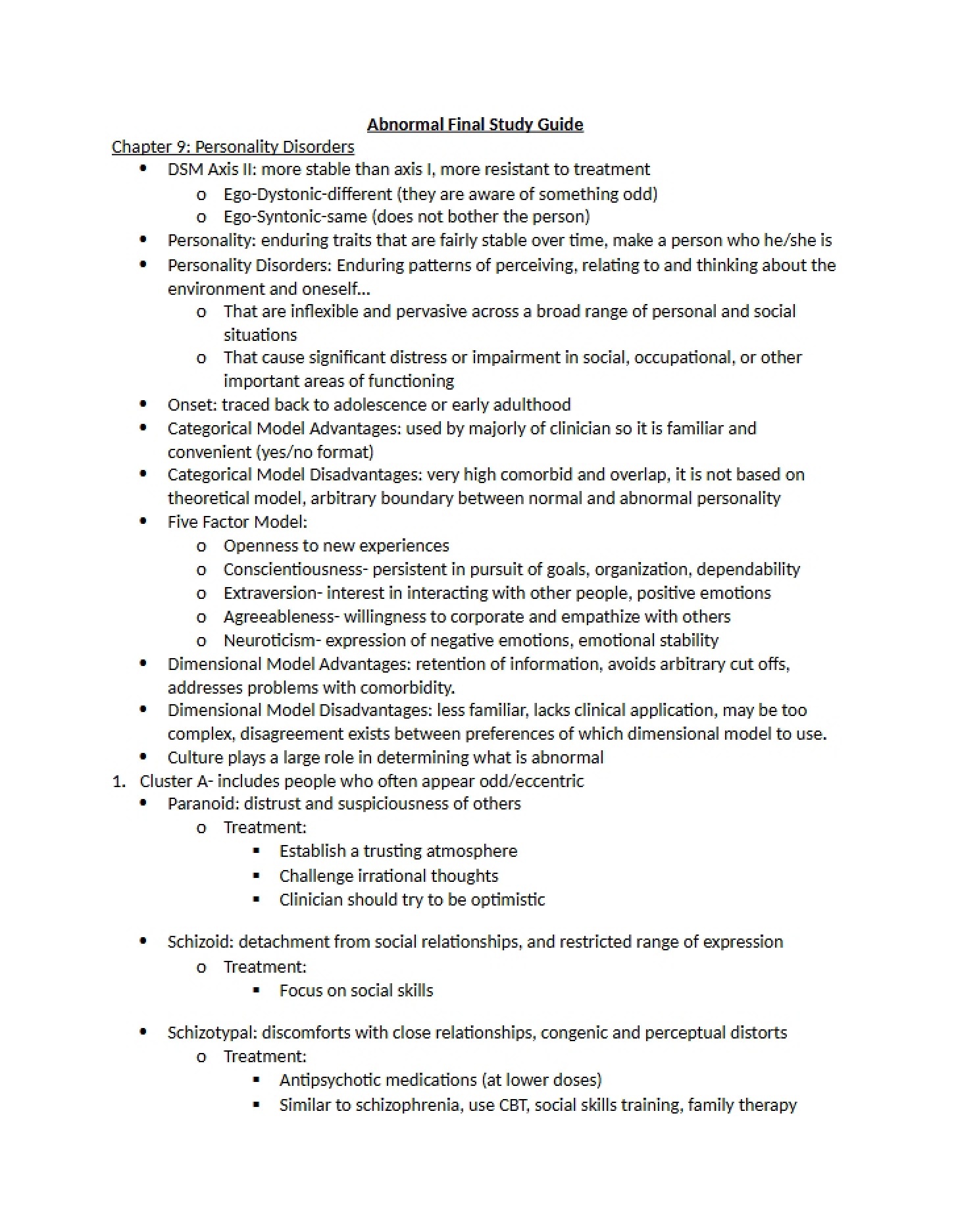 Study Guide Abnormal Psych Final