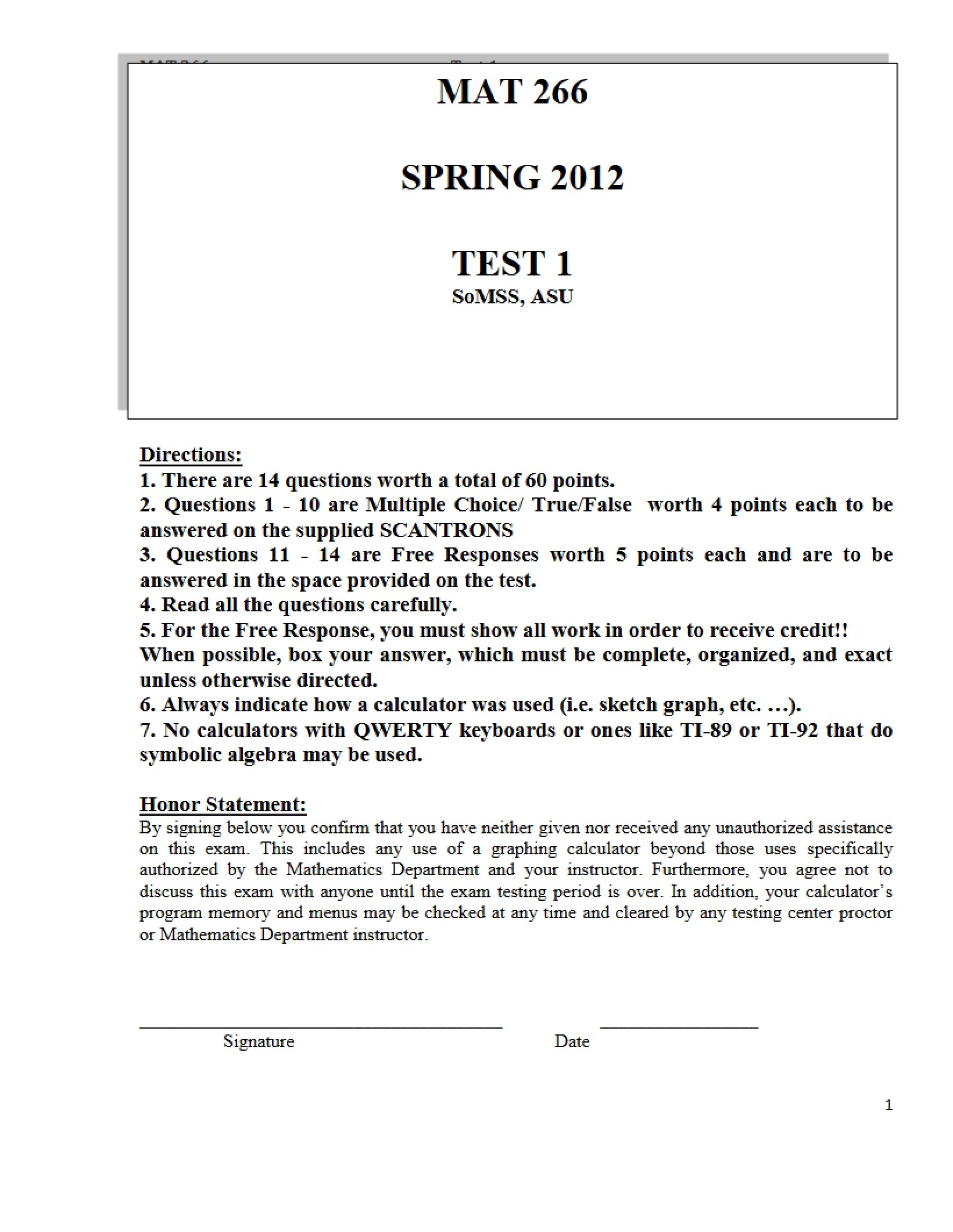 Previous Test 1 Calculus II