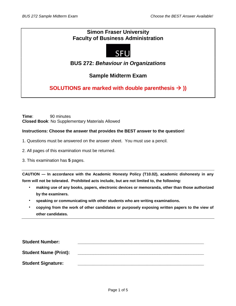 Sample Midterm Exam for BUS 272