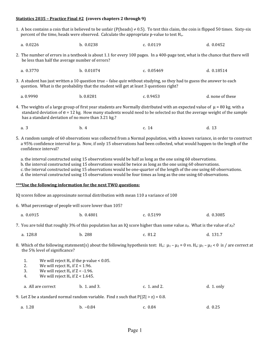 Practice Final #2 for Statistics 2035