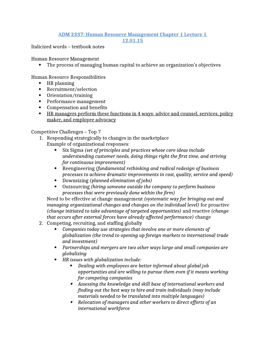 Human Resource Management Chapter 1 Lecture 1 - ADM 2337