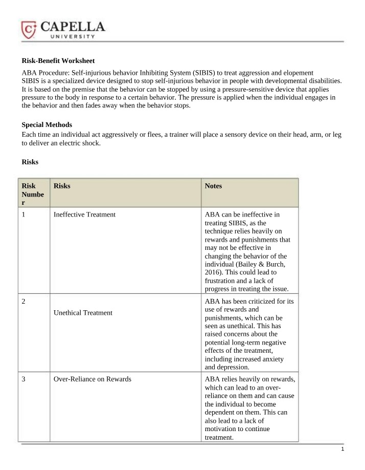 Worksheet on Risk-Benefit