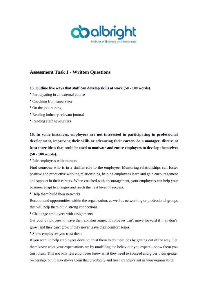 Assessment Task 1 Written Questions Instructor Copy