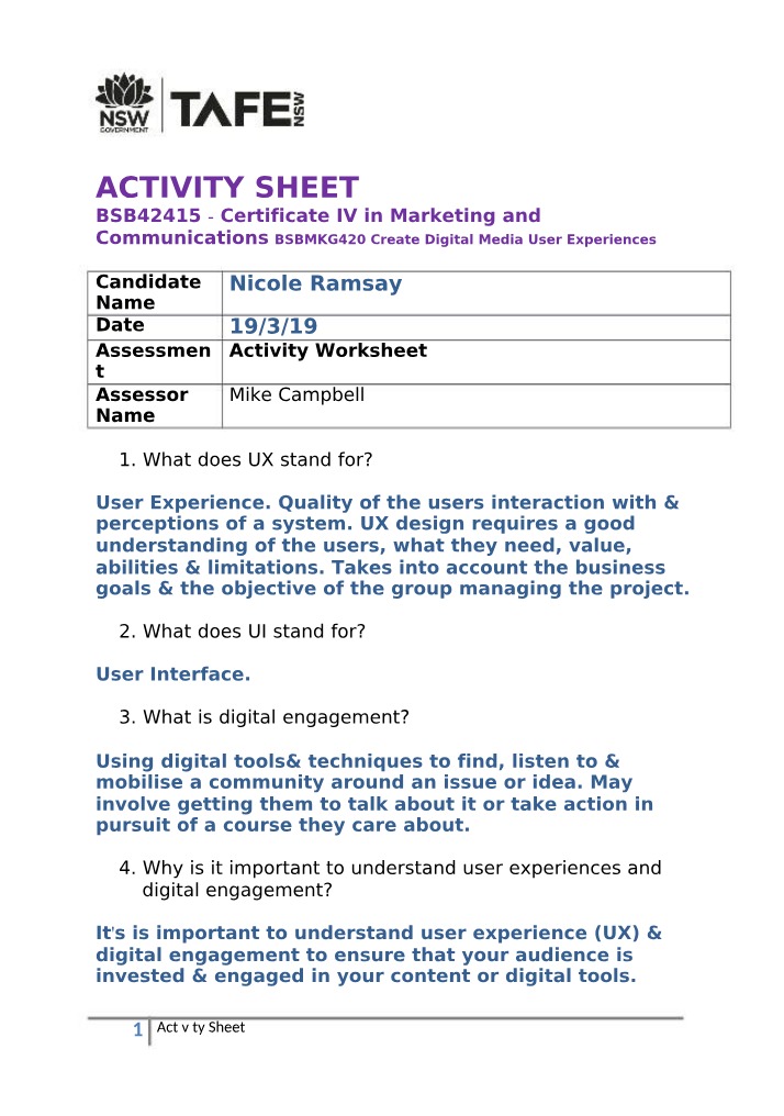 Worksheet - Create Digital Media User Experiences