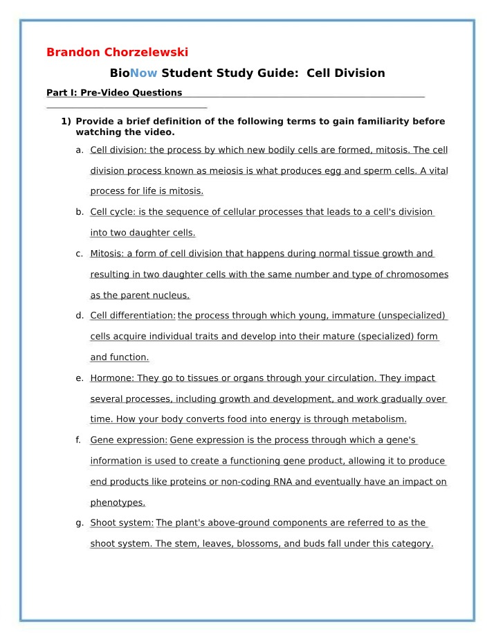 Study Guide for Cell Division