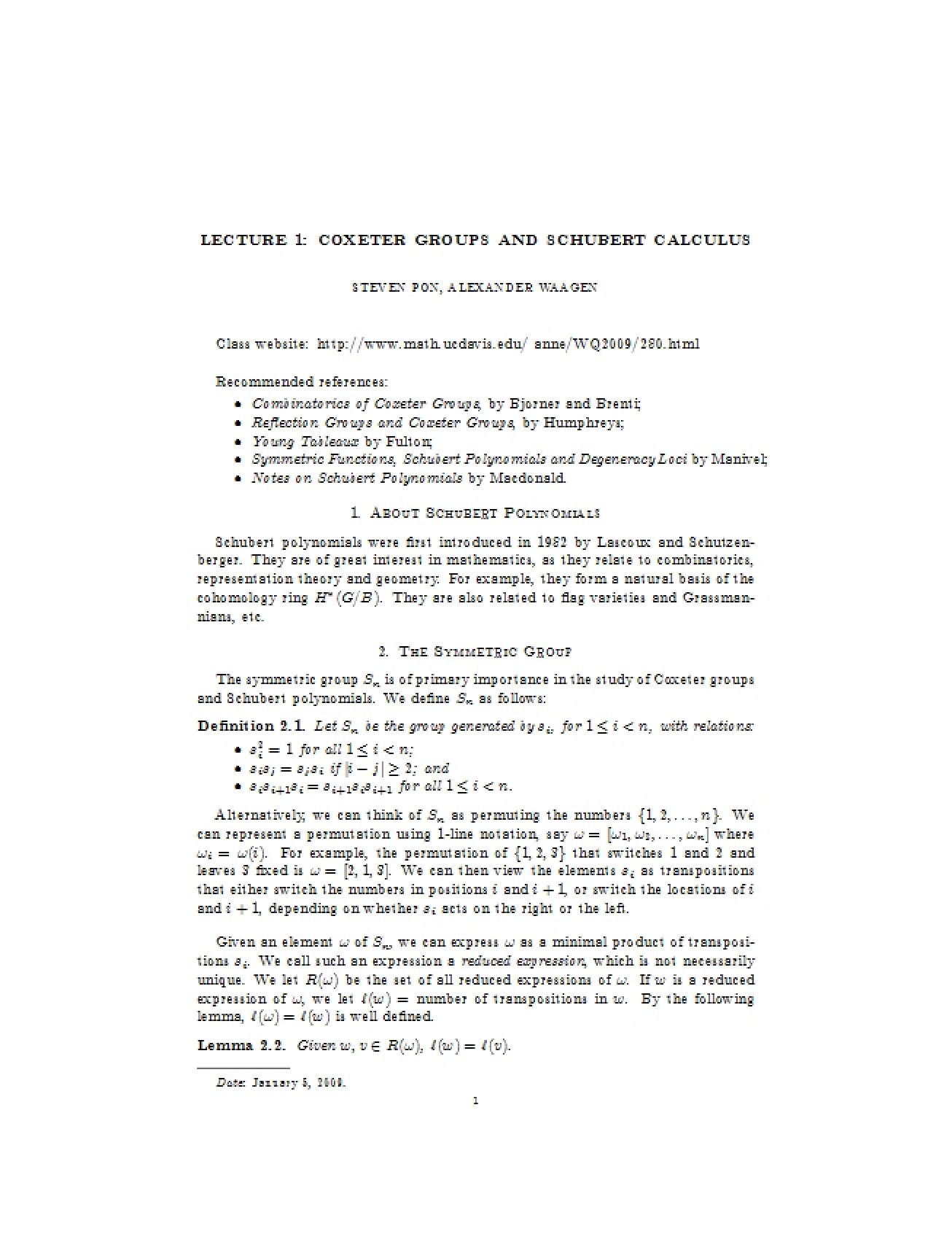 Lecture 1 Schubert Calculus and Coxeter Groups