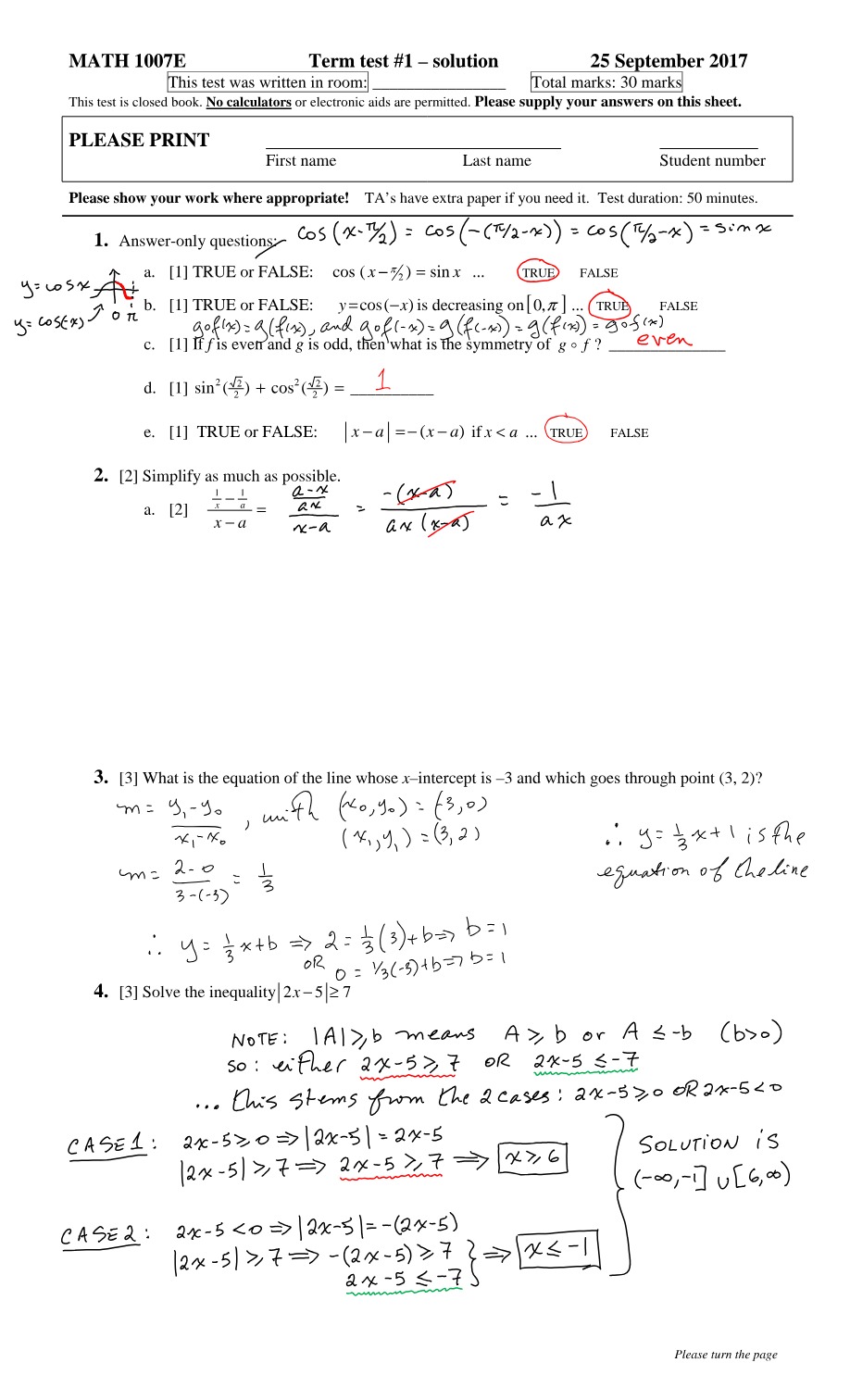 Term Test 1 Solution - MATH 1007E