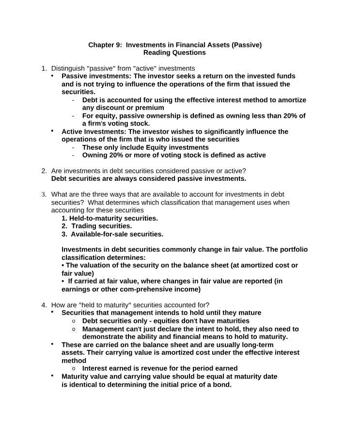 Investments in Financial Assets - Reading Questions