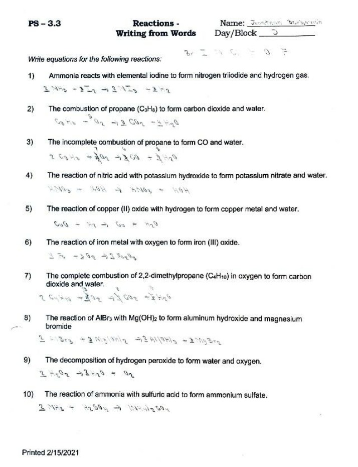Reaction Equations for Ammonia, Propane, Copper Oxide, and More