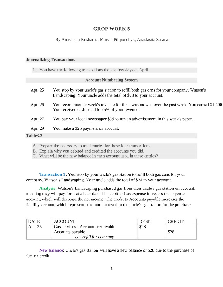Journalizing Transactions and Account Balances - Group Work 5