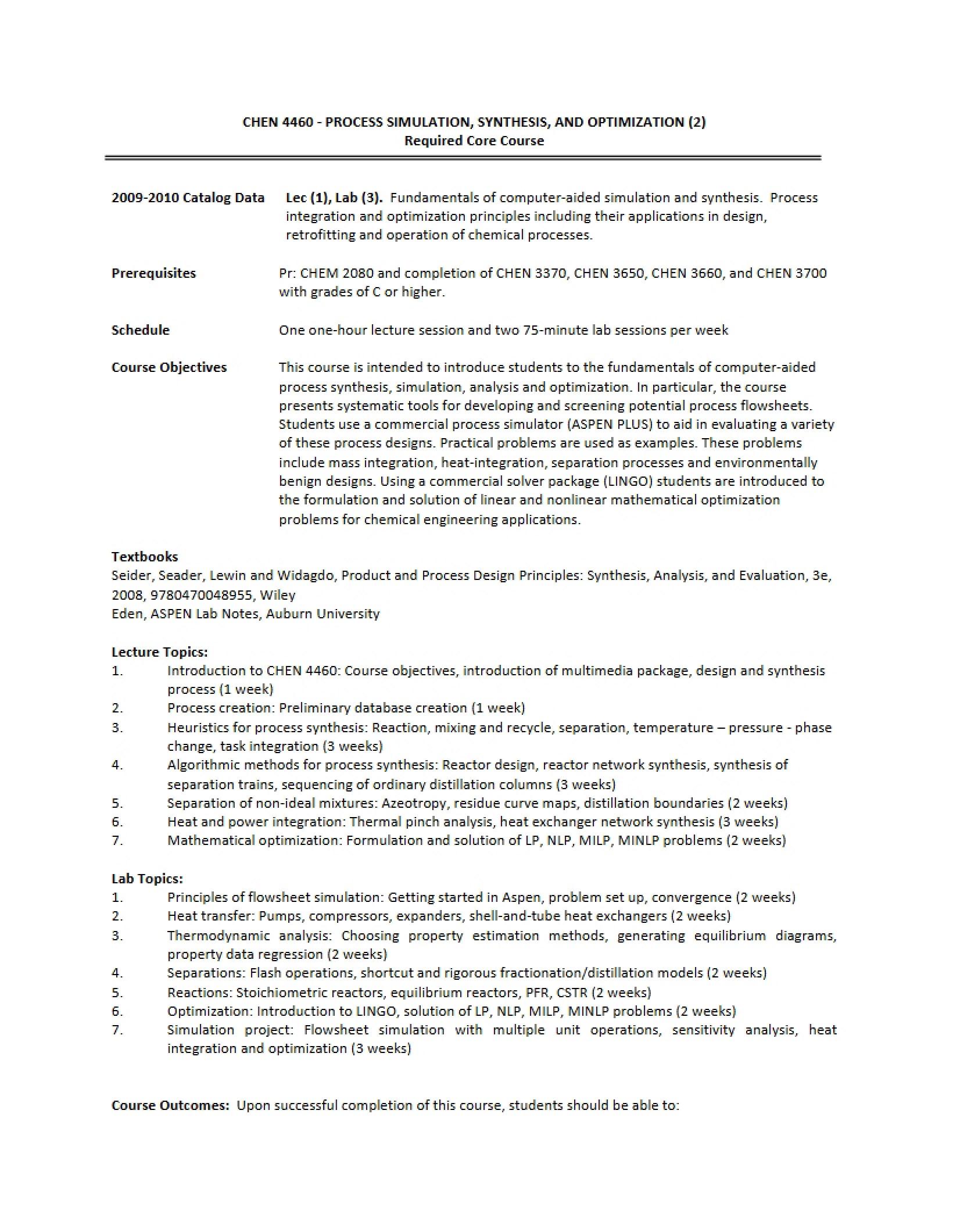 Course Syllabus for Process Simulation