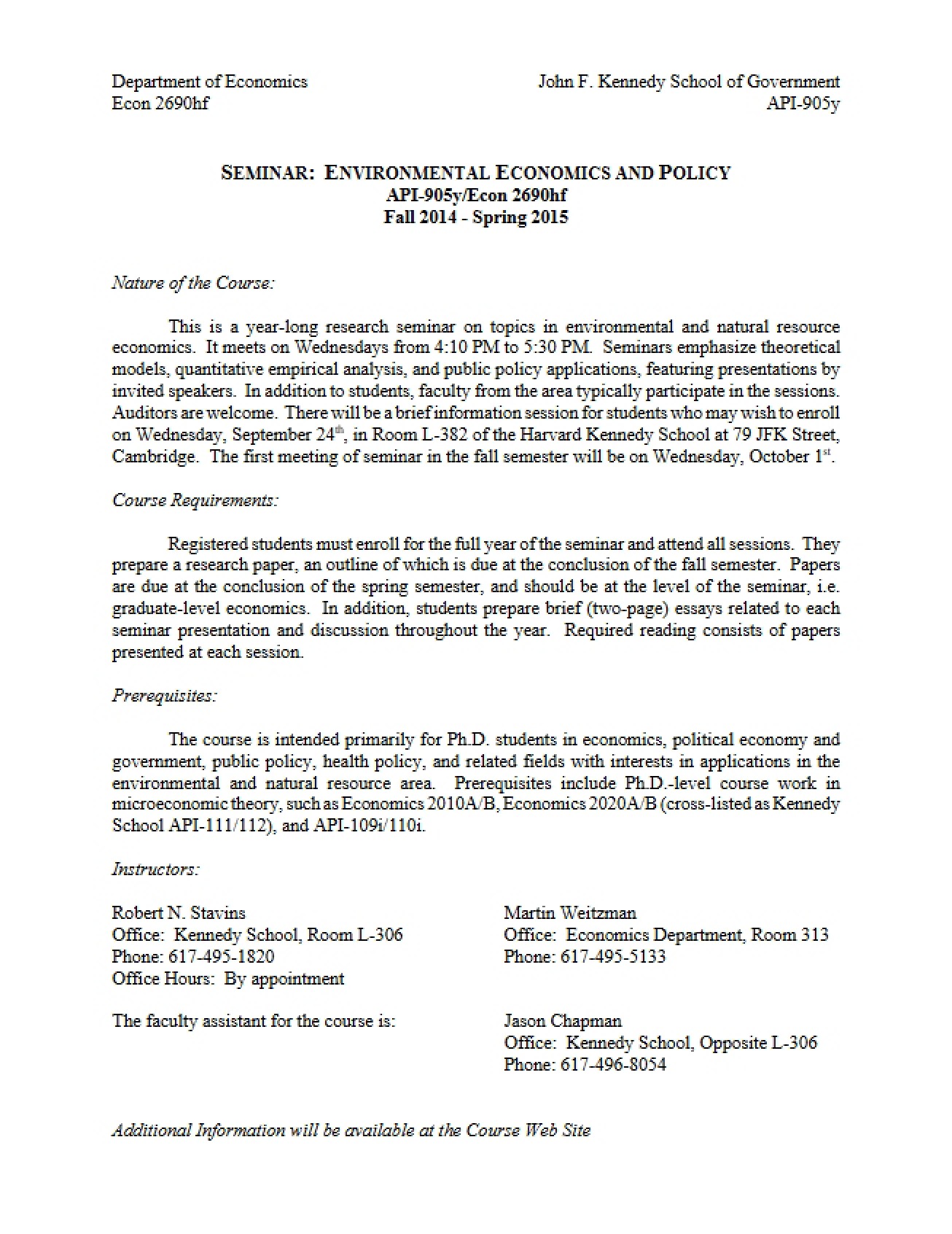 Syllabus for the Seminar on Environmental Economics and Policy