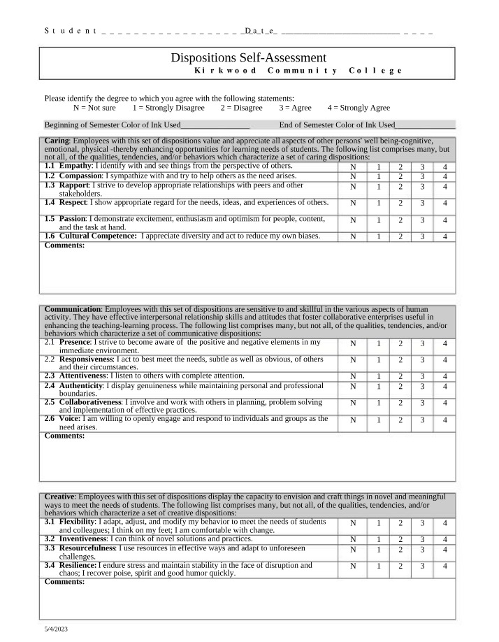 Self-Assessment of Dispositions
