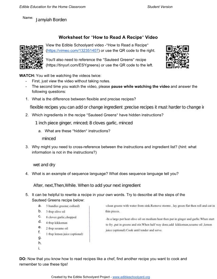 Video Worksheet - How to Read a Recipe