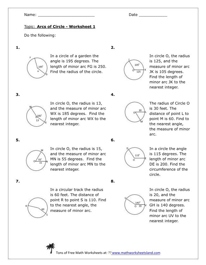 Worksheet - Arcs of a Circle