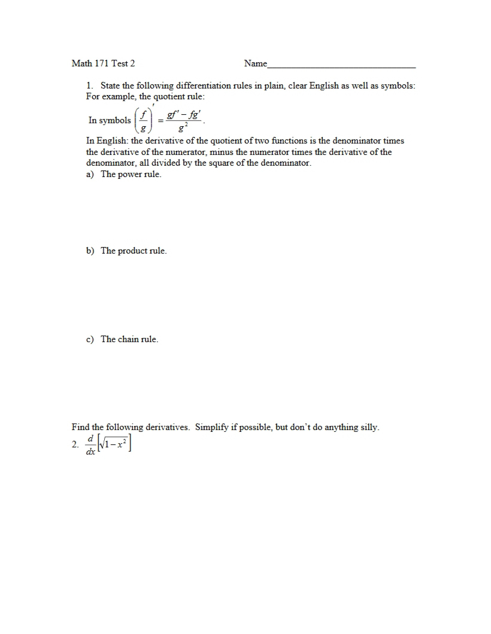 Test for Math 171