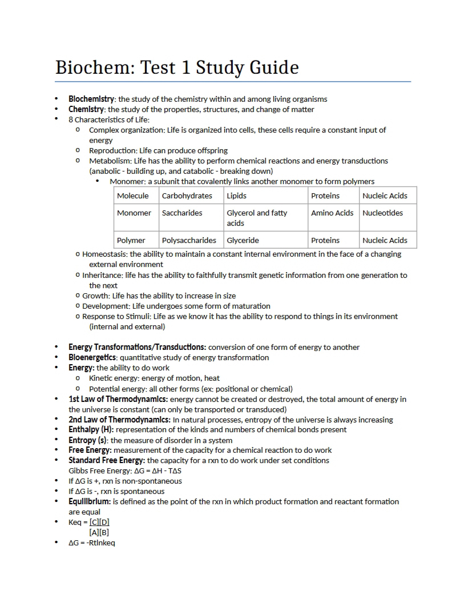 Biochemistry Test One