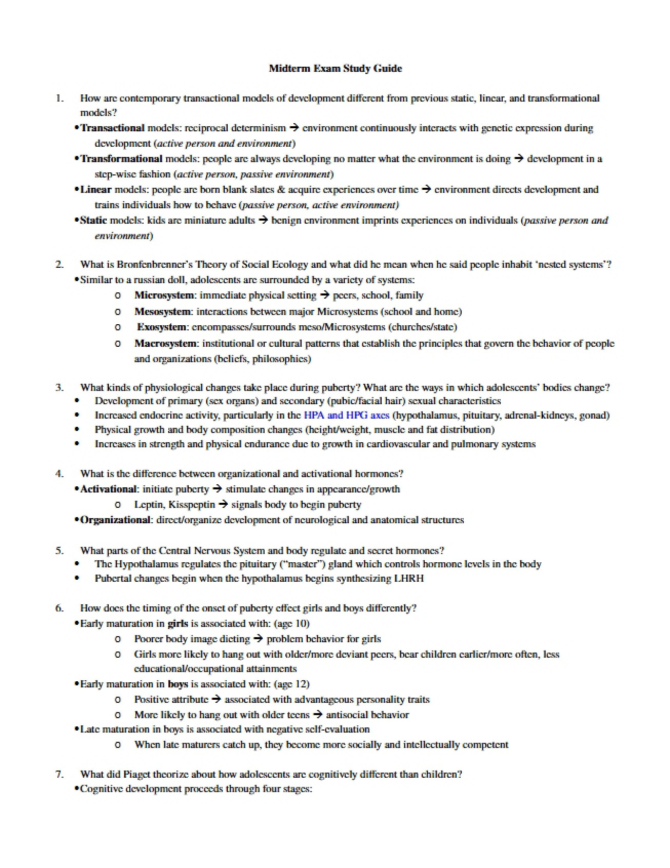 Study Guide for Midterm Examination