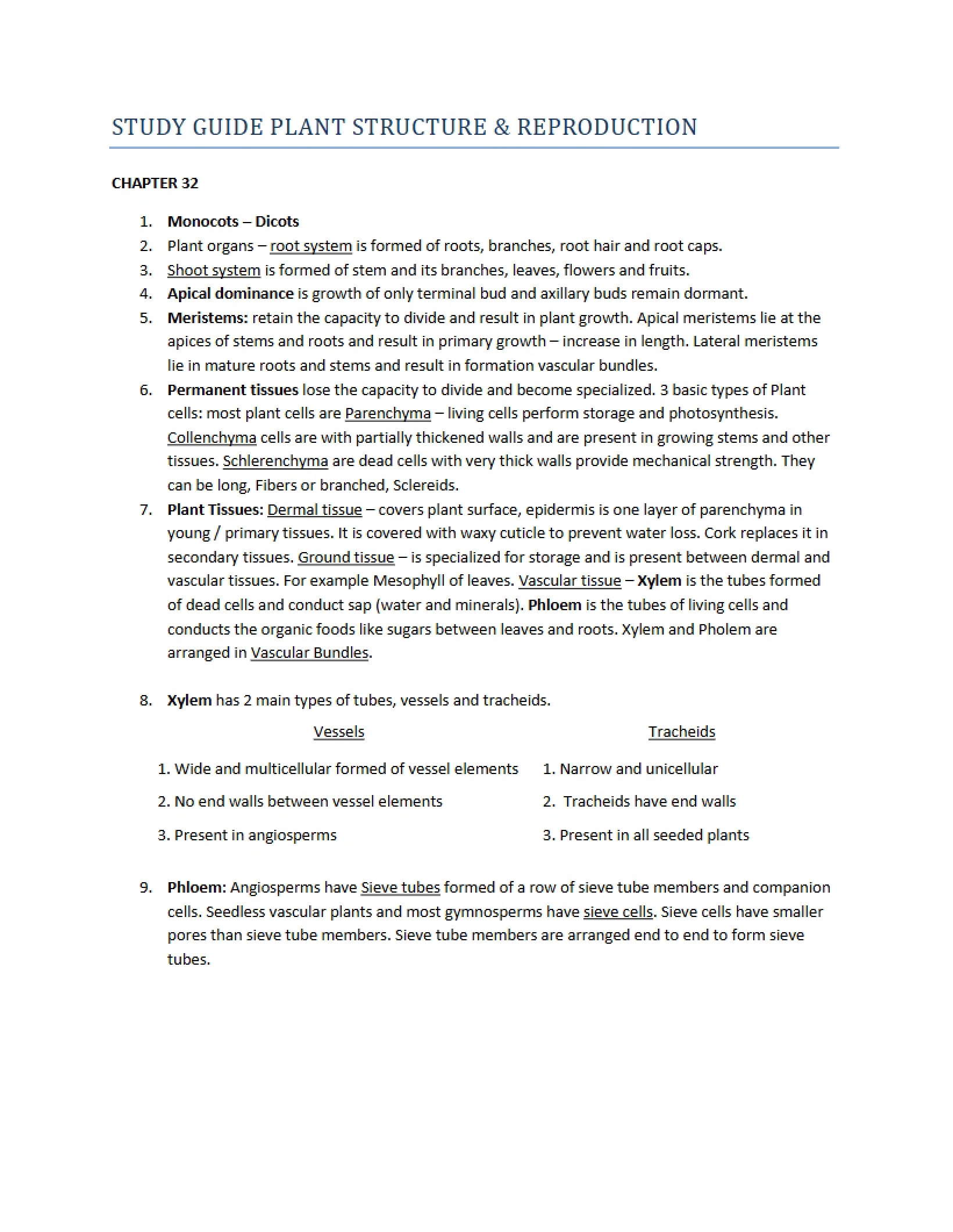 Plant Structure Study Guide