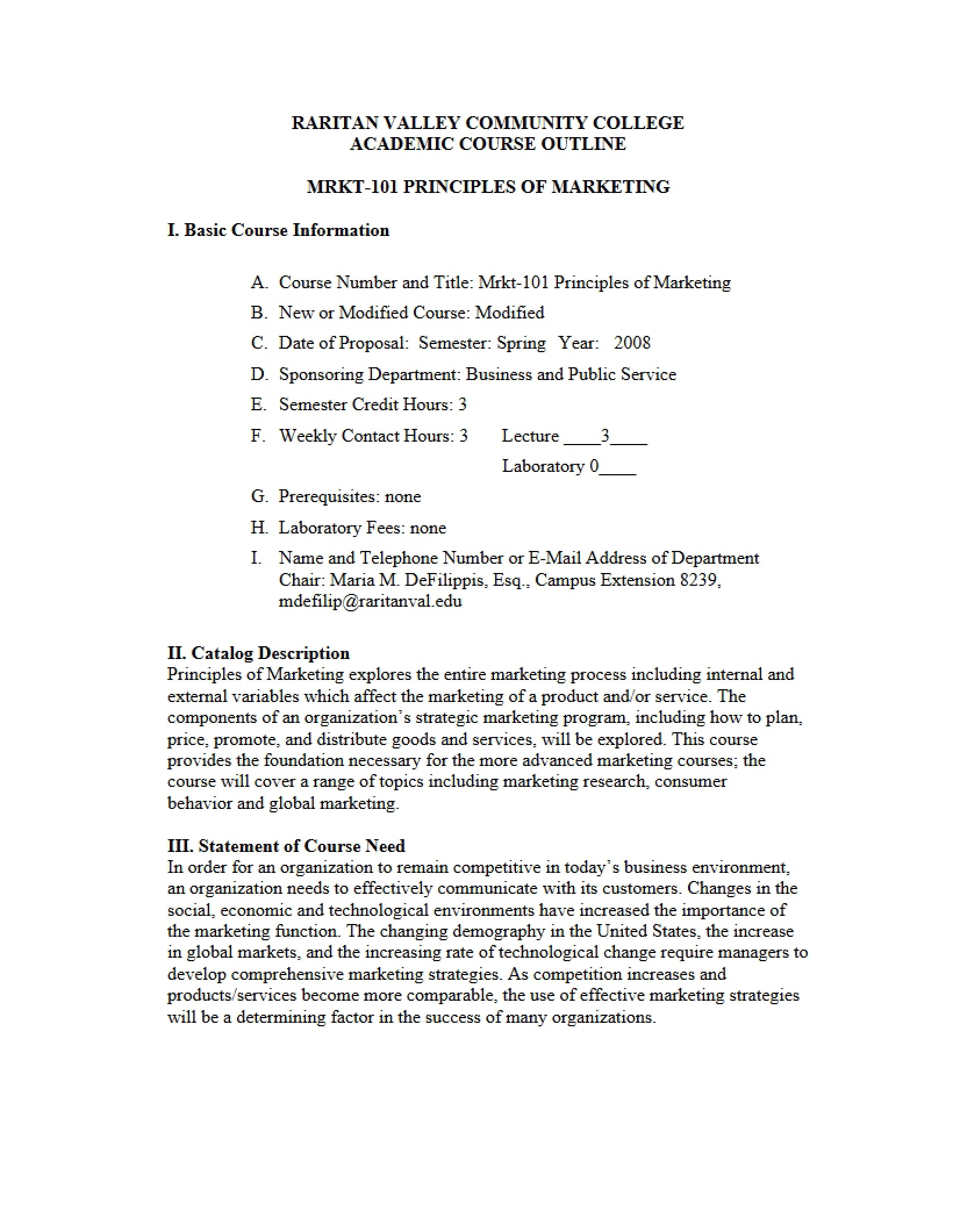 Outline of Principles of Marketing Course